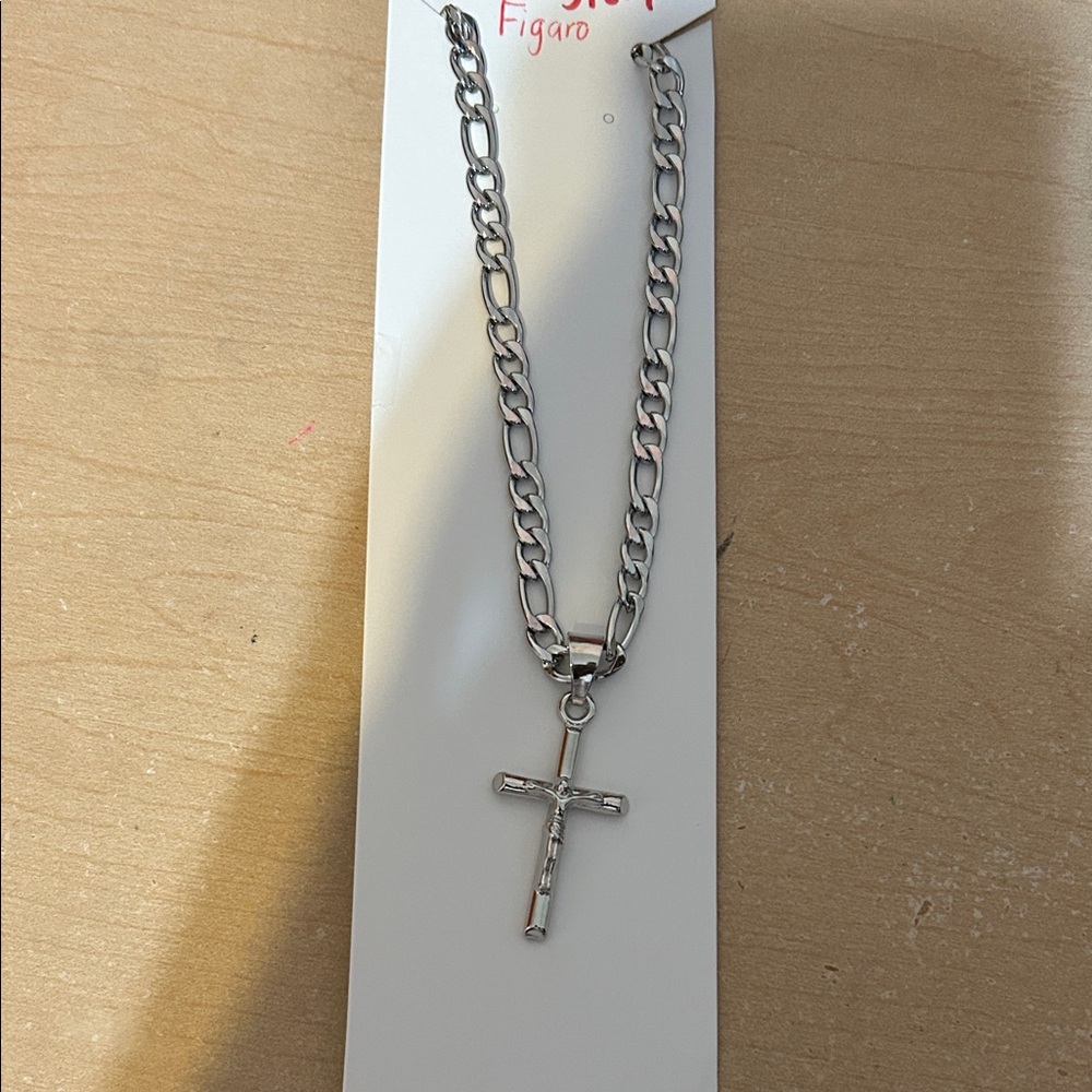 Silver Figaro Chain Necklace with Cross Pendant